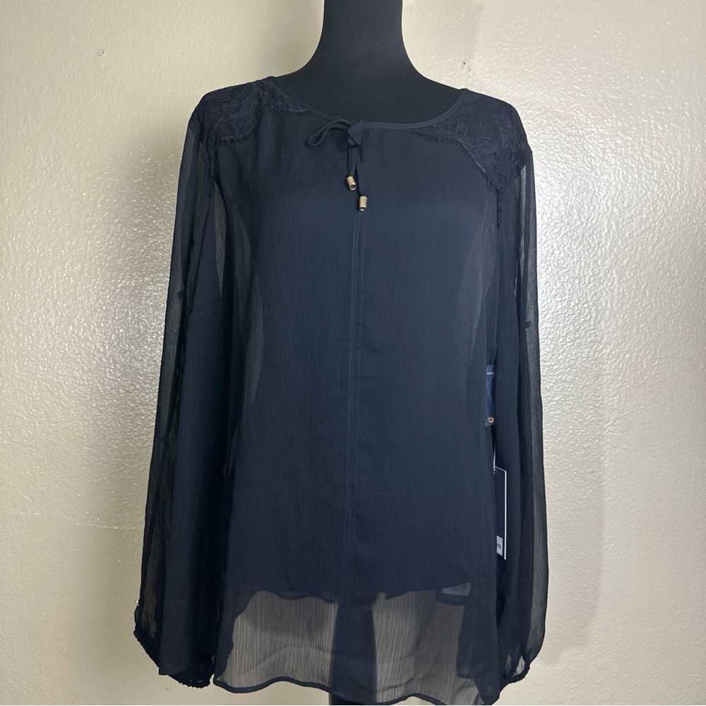 J‎ Lo Riviera Chic Sheer Black Blouse Lace Gold Button Cold Shoulder Academia 2X